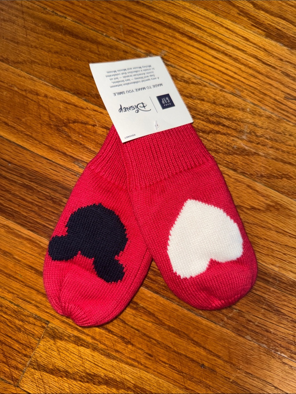 Gap x Disney Red Kids Mittens with White Heart and Black Mickey Silhouette